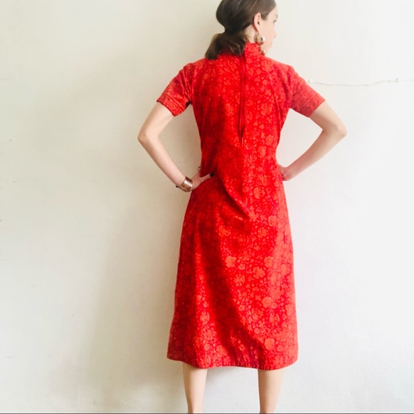 90s VTG Cotton Orange Indian Floral Handblock Printed Summer Dress Size Small - Picture 6 of 8